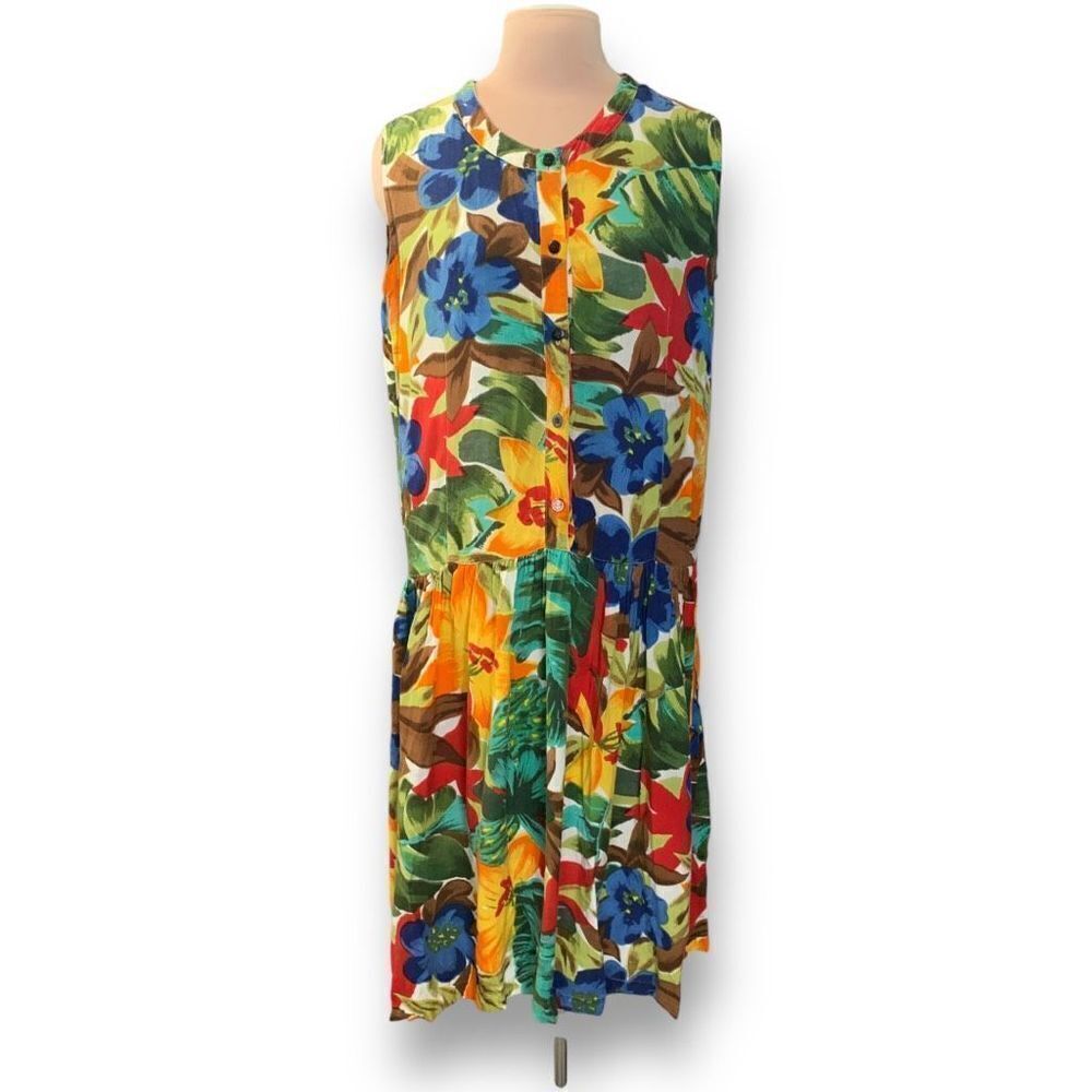 Vintage 90s Dress Sleeveless Drop Waist Scoopneck Yellow Tropical Floral Print